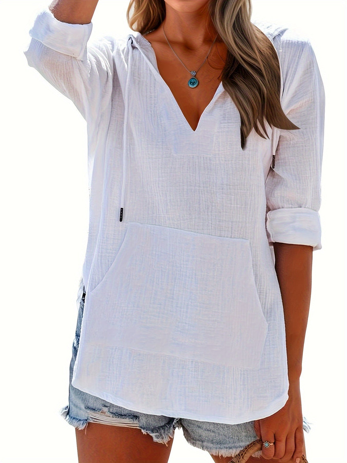 Long Sleeve V Neck Pocketed Hooded Sweatshirt