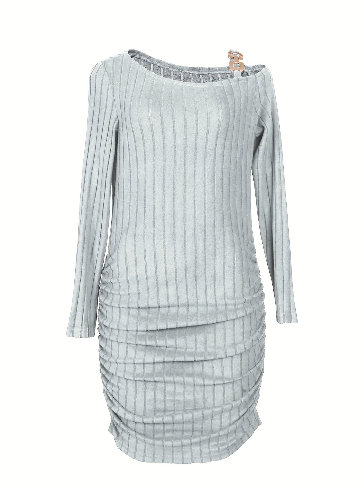 Ribbed Slanted Shoulder Chain Dress, Casual Solid Long Sleeve Bodycon Dress