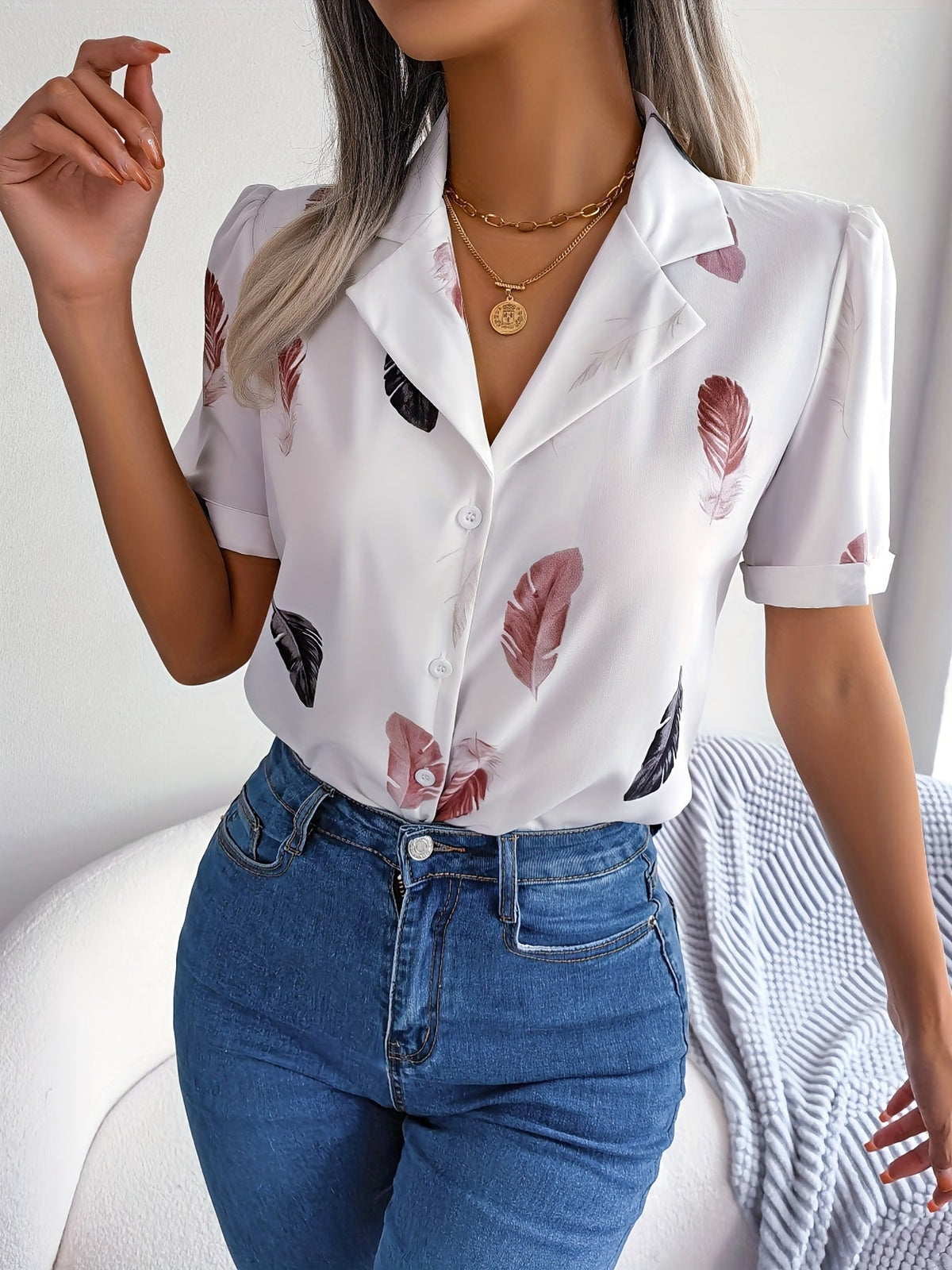 Feather Print Button Front Shirt, Casual Lapel Short Sleeve Shirt