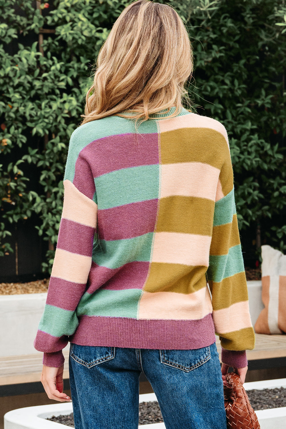 Green Stripe Drop Shoulder Ribbed Edge Casual Sweater