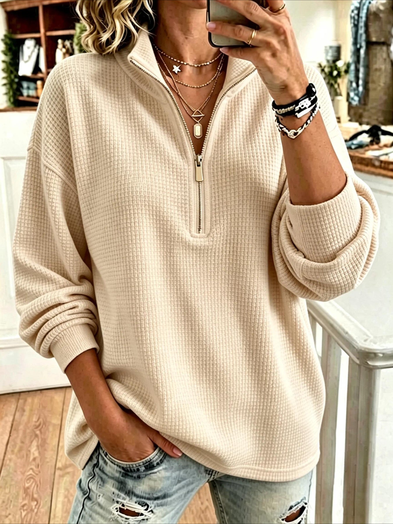 Solid Color Casual Plain Mock Neck Sweatshirt