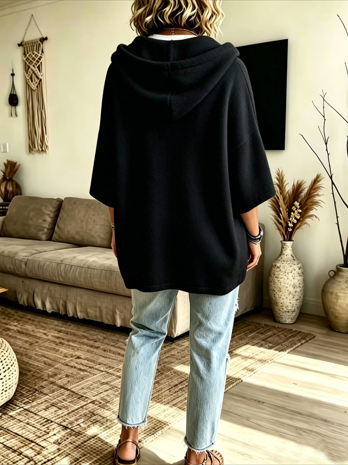 Loose 3/4 Sleeve Hooded Drawstring Bat-sleeved Sweatshirt