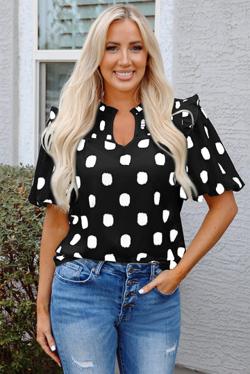 Black Polka Dot Print Shirred Yoke Notched Neck Balloon Sleeve Blouse