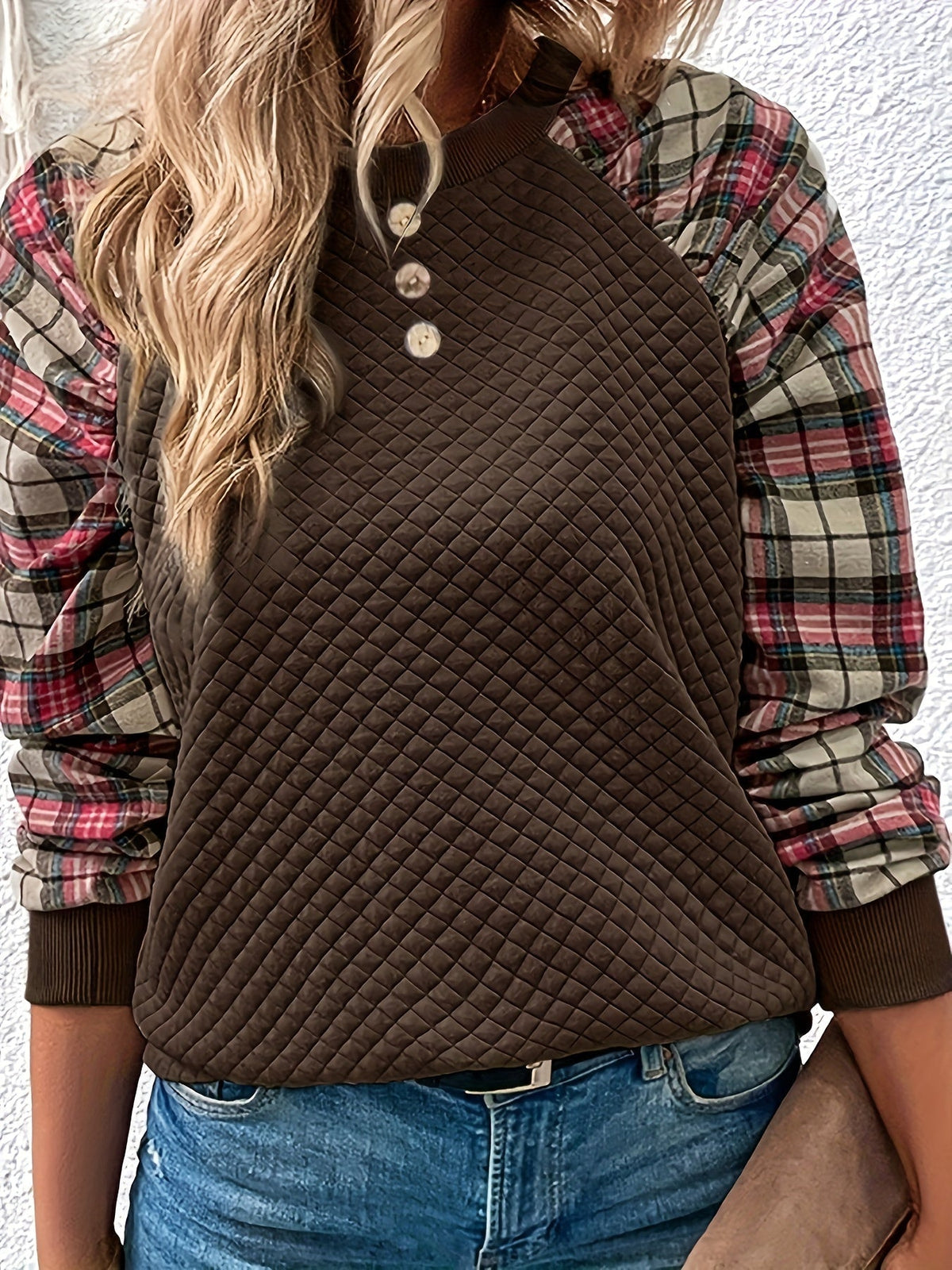 Plaid Print Button Front Crew Neck T-Shirt, Casual Long Sleeve Top