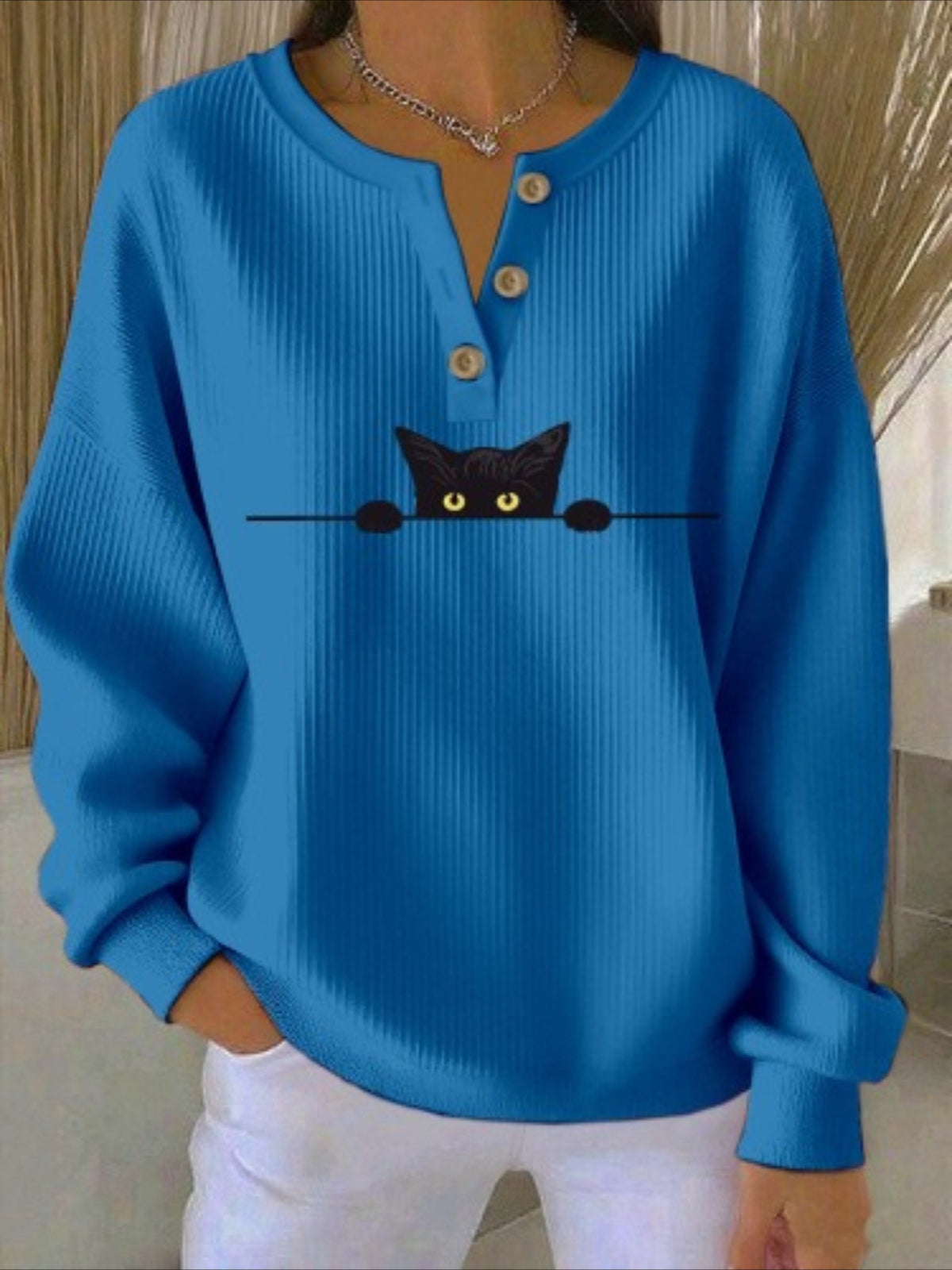 Casual Cat Crew Neck Long Sleeve Sweatshirt