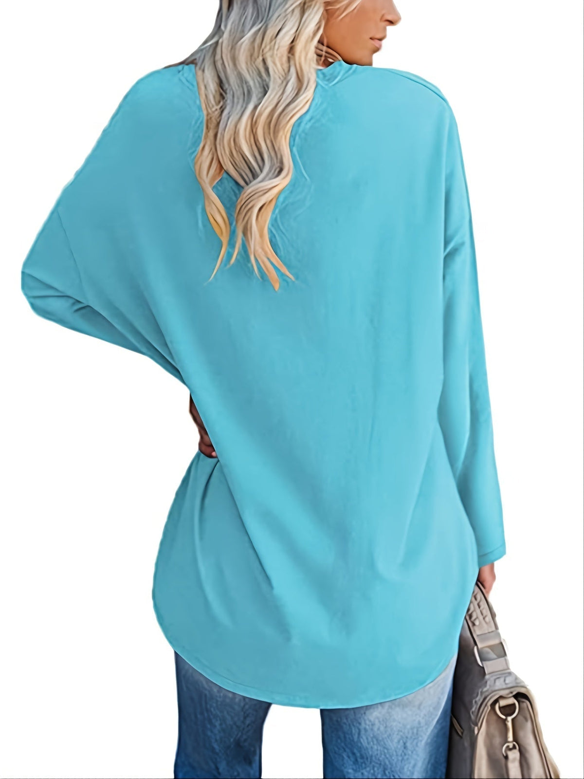 Women's Solid Color Oversized Tops, V-Neck Long Sleeve T-Shirts, Casual Loose Shirts