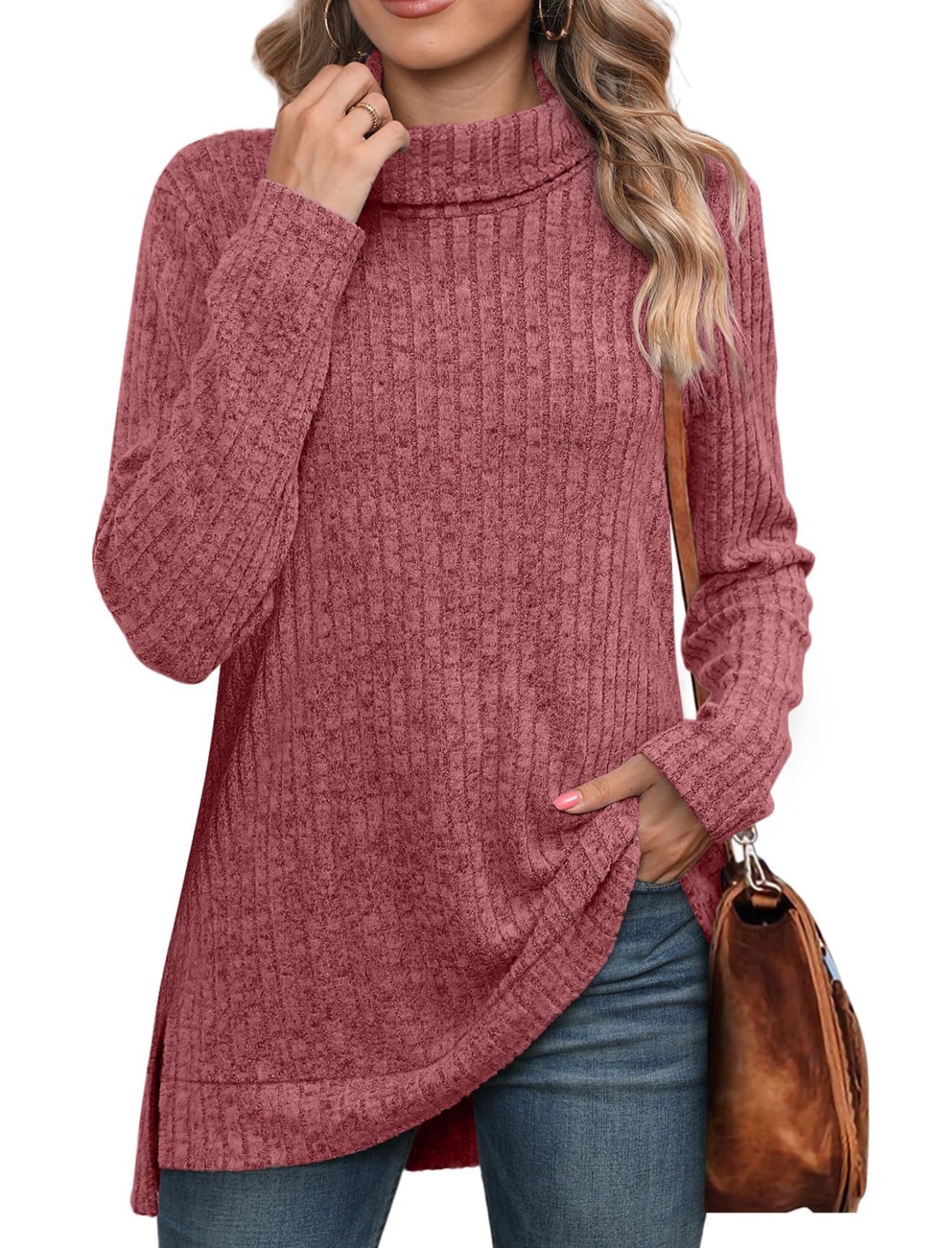 Ribbed Crew Neck Side Split T-Shirt, Casual Long Sleeve Top