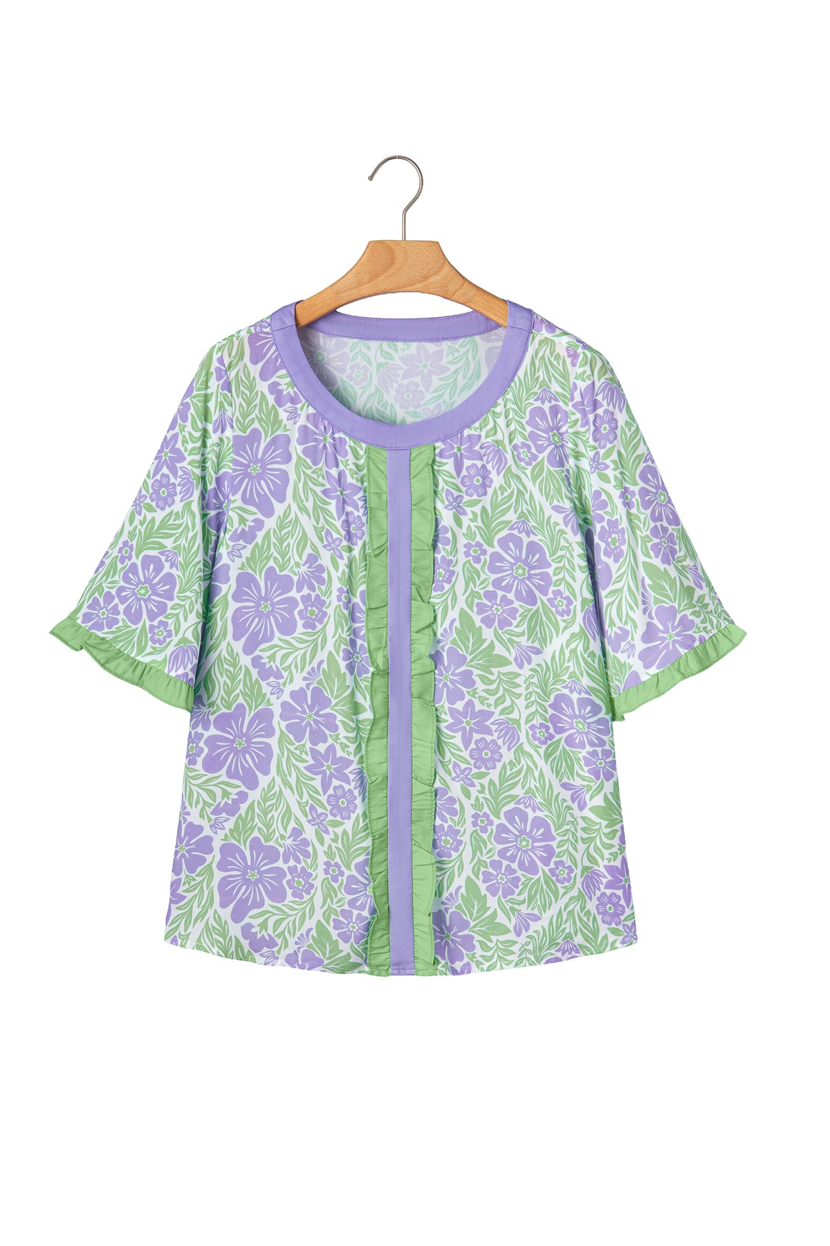 Purple Floral Print Ruffled Color Block Trim Half Sleeve Blouse