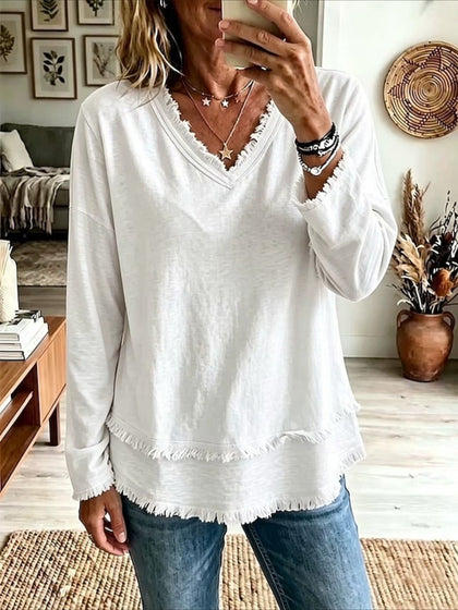 Solid Color Loose V Neck Beard Edge Long Sleeve T-shirt