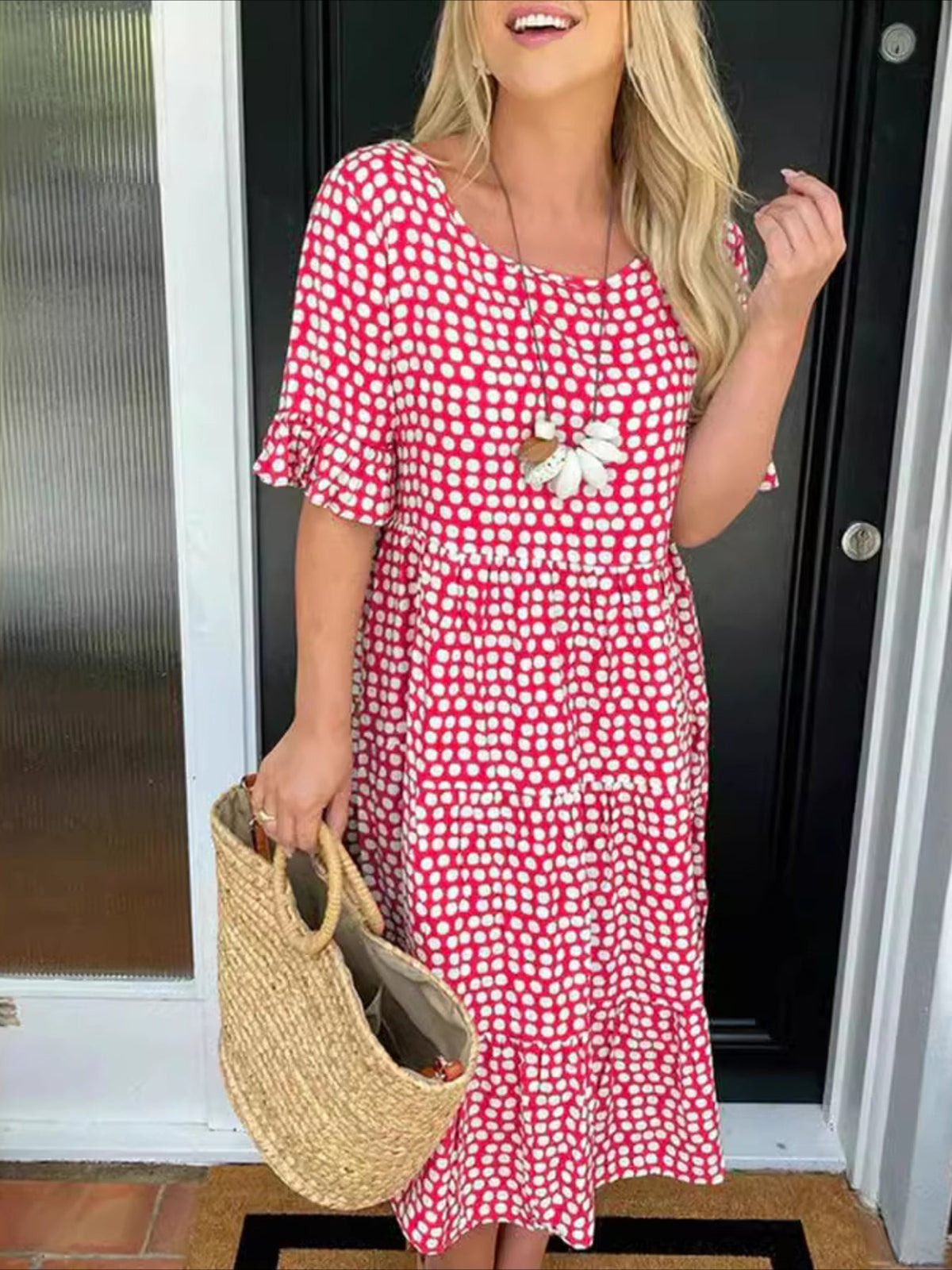 Round Neck Print Short Sleeve Maxi Dress