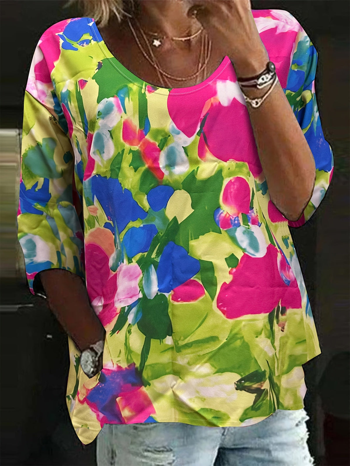 Floral Print Crew Neck Blouse, Casual 3/4 Sleeve Top