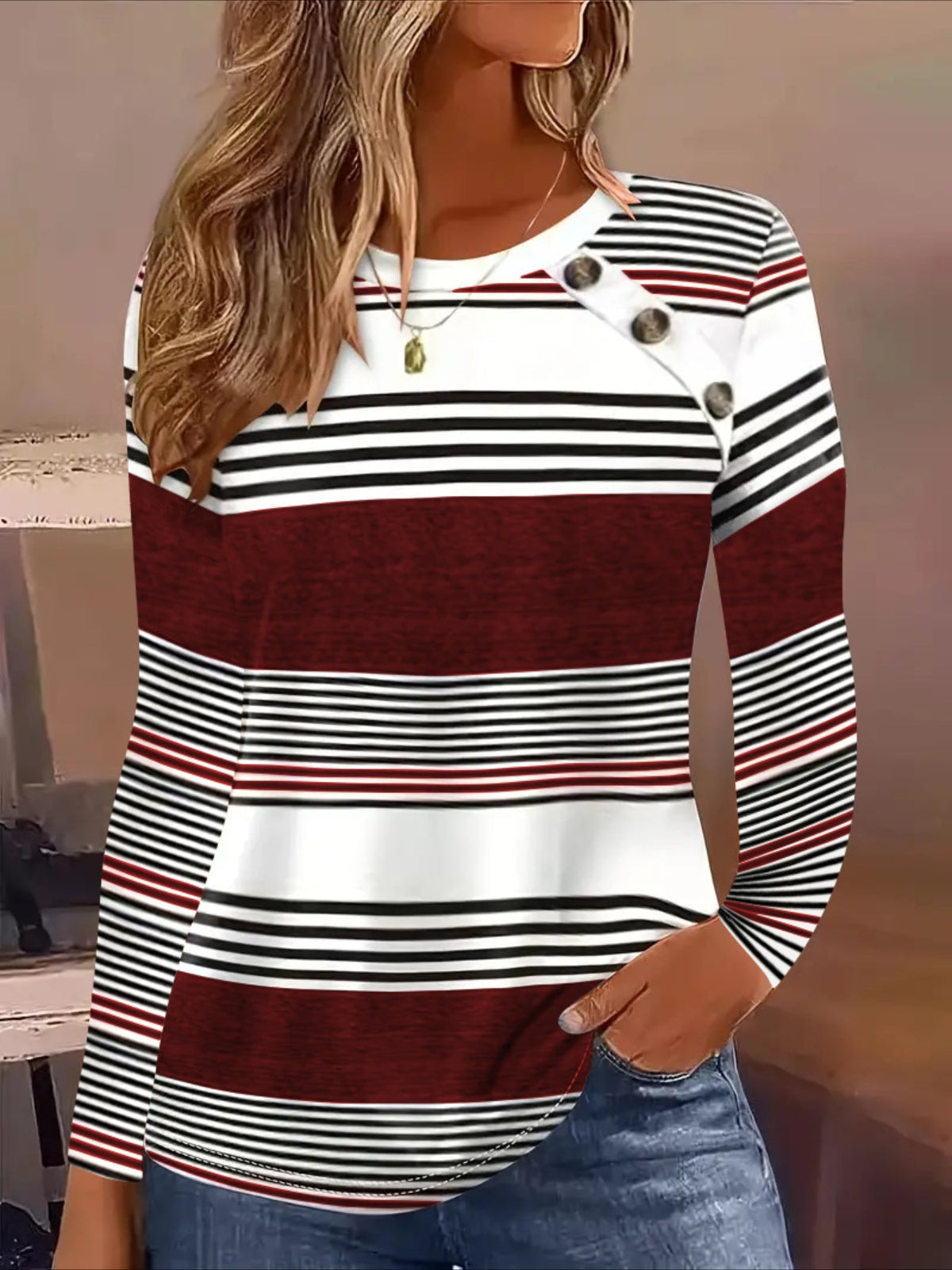 Striped Botton Crew Neck T-Shirt, Elegant Long Sleeve T-Shirt