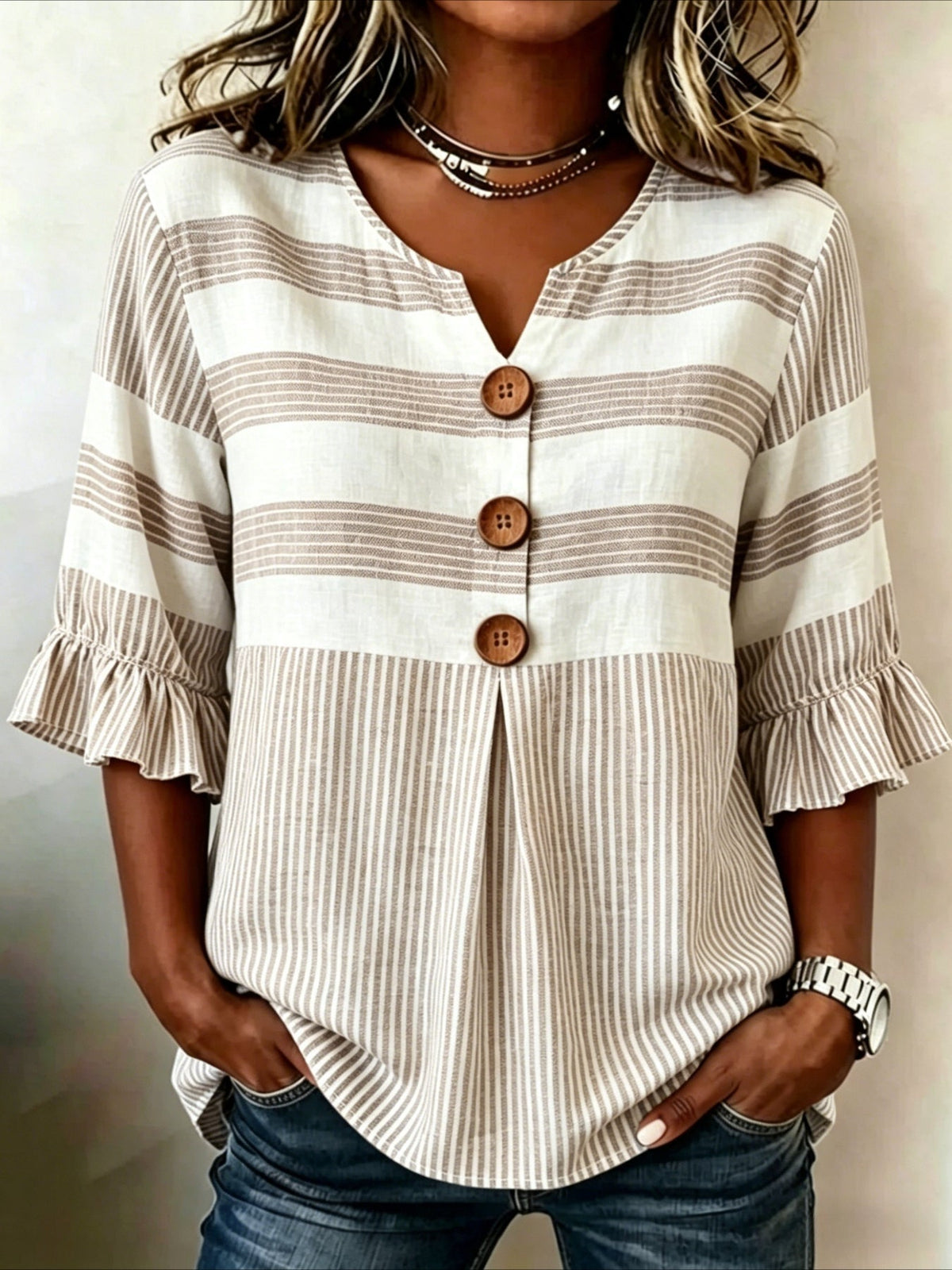 Striped Print V Neck Button Short Ruffle Sleeve Casual Top