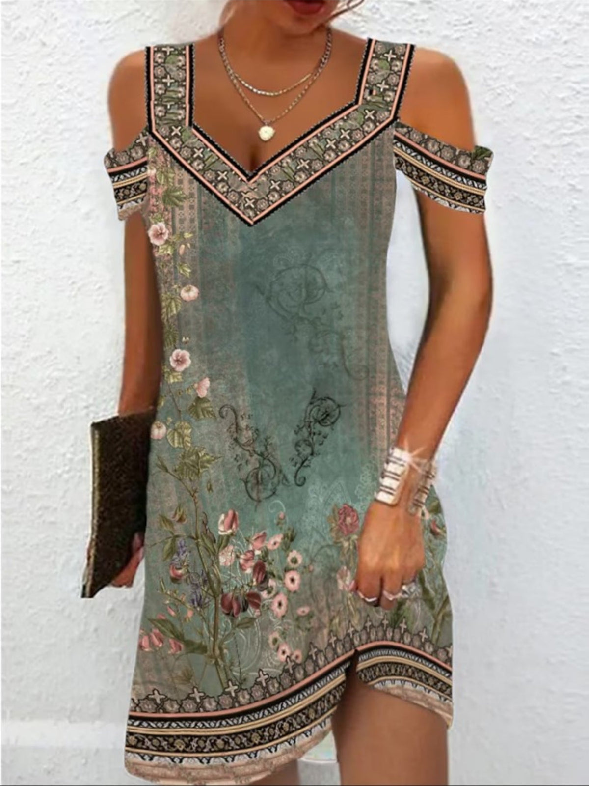 Chic Blossom Cold-Shoulder Dress, Effortless V-Neck Fit, Short Sleeves, Perfect for Casual Outings