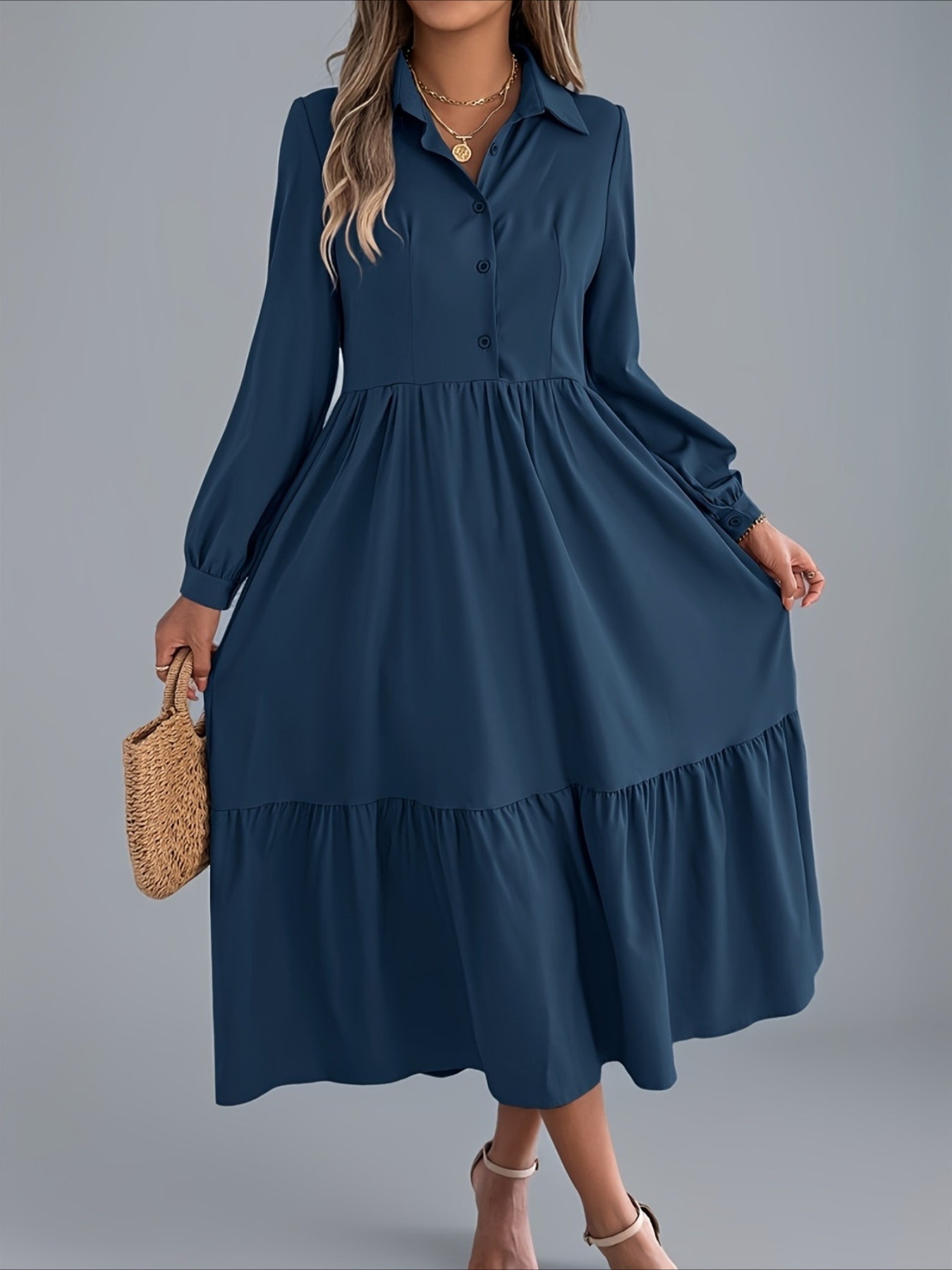 Elegant Solid Color Ruffle Hem Long Sleeve Lapel Collar Midi Dress