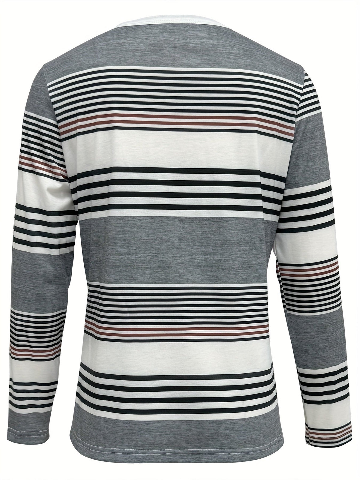 Striped Botton Crew Neck T-Shirt, Elegant Long Sleeve T-Shirt
