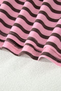 Rose Stripe Striped V-Neck Ribbed Collar Cuff Gathering Puff Sleeve Top