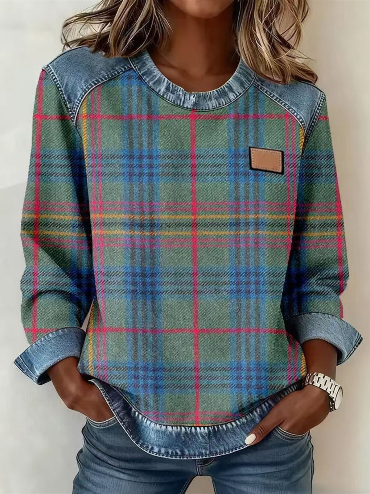 Plaid Vintage Stylish Long Sleeve Crew Neck Regular Tops