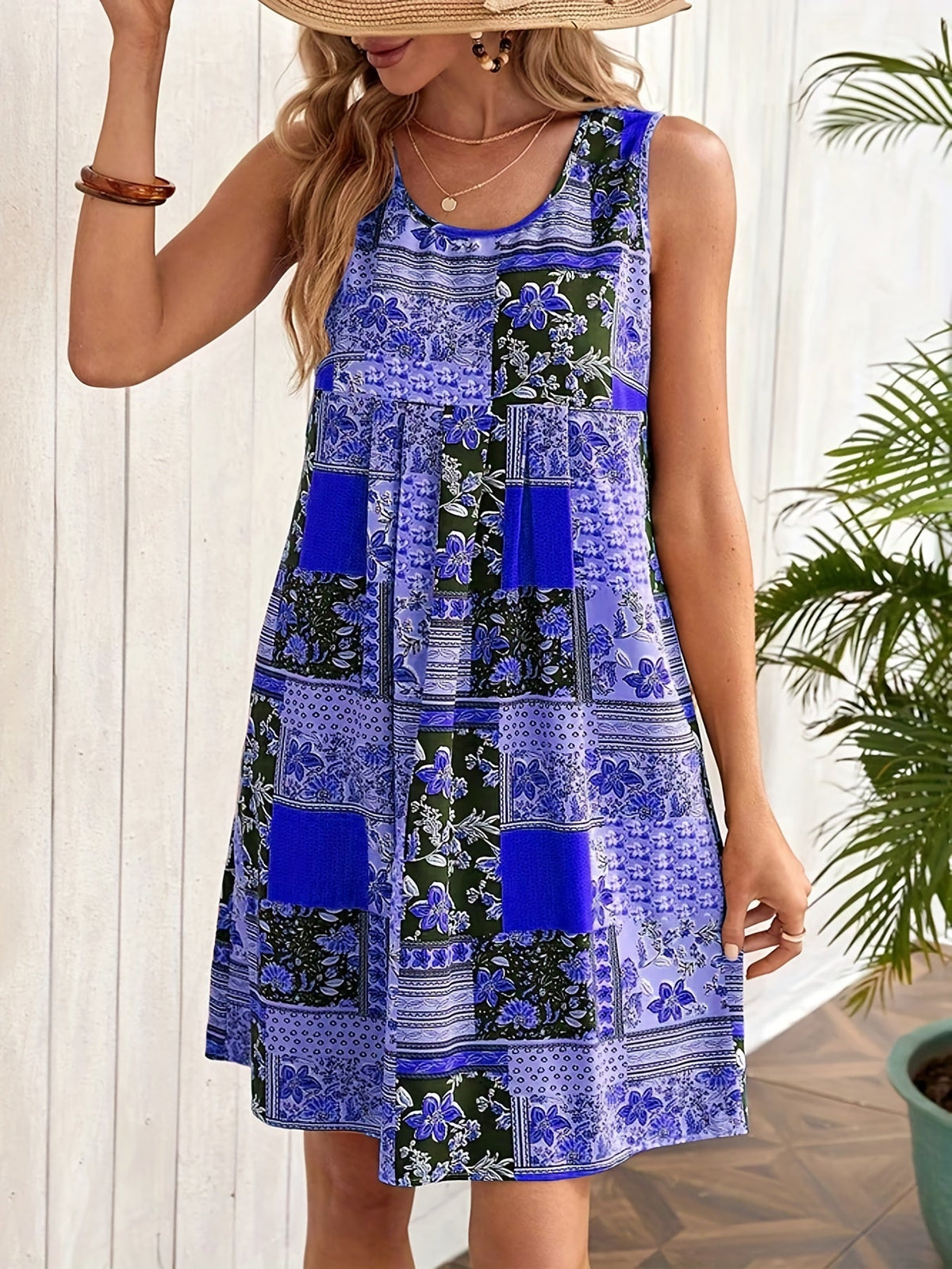 Floral Print Crew Neck Dress, Elegant Sleeveless Tank Dress
