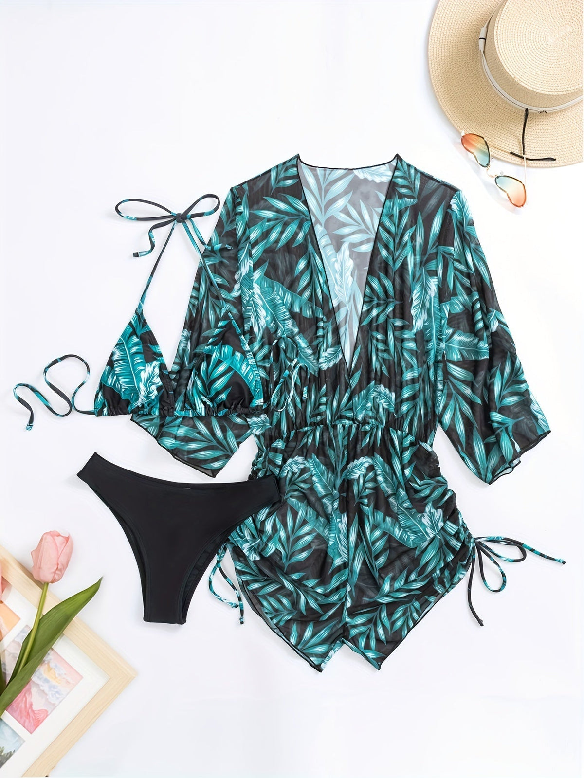 3-Piece Leaf Plant Print Bikini Sets, Triangle Halter Neck High Cut With Sheer Cover Up Drawstring Overall Swimsuit
