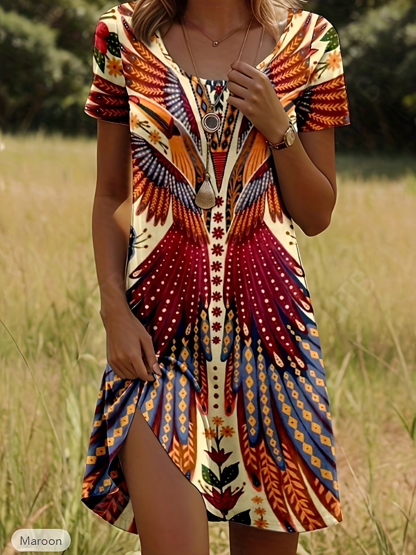 Elegant Floral Print Knee-Length Short Sleeve Round Neck A-Line Dress