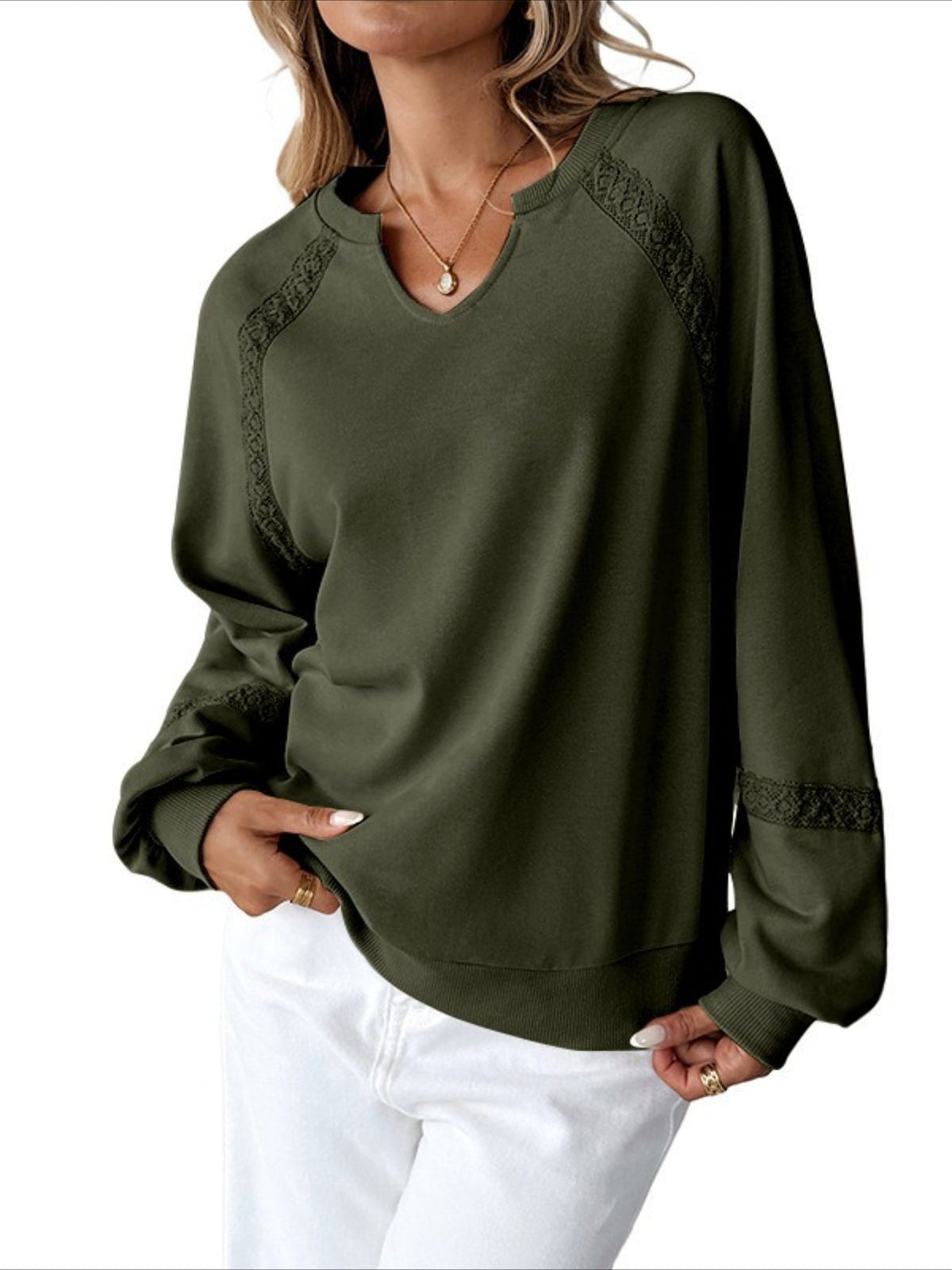 Solid Color Half-open Neck Splicing Lace Loose Fashion Long-sleeved Top