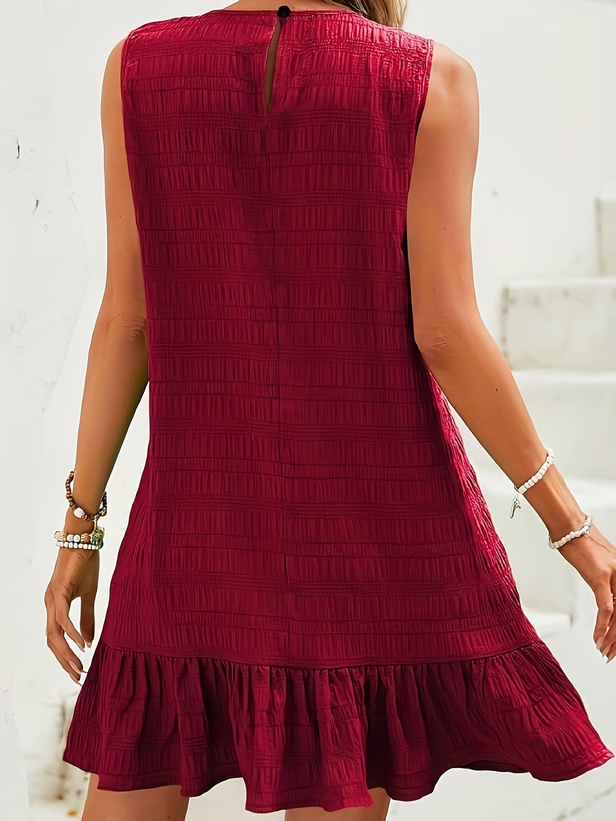 Textured Solid Ruffle Hem Tank Dress, Elegant Sleeveless Dress