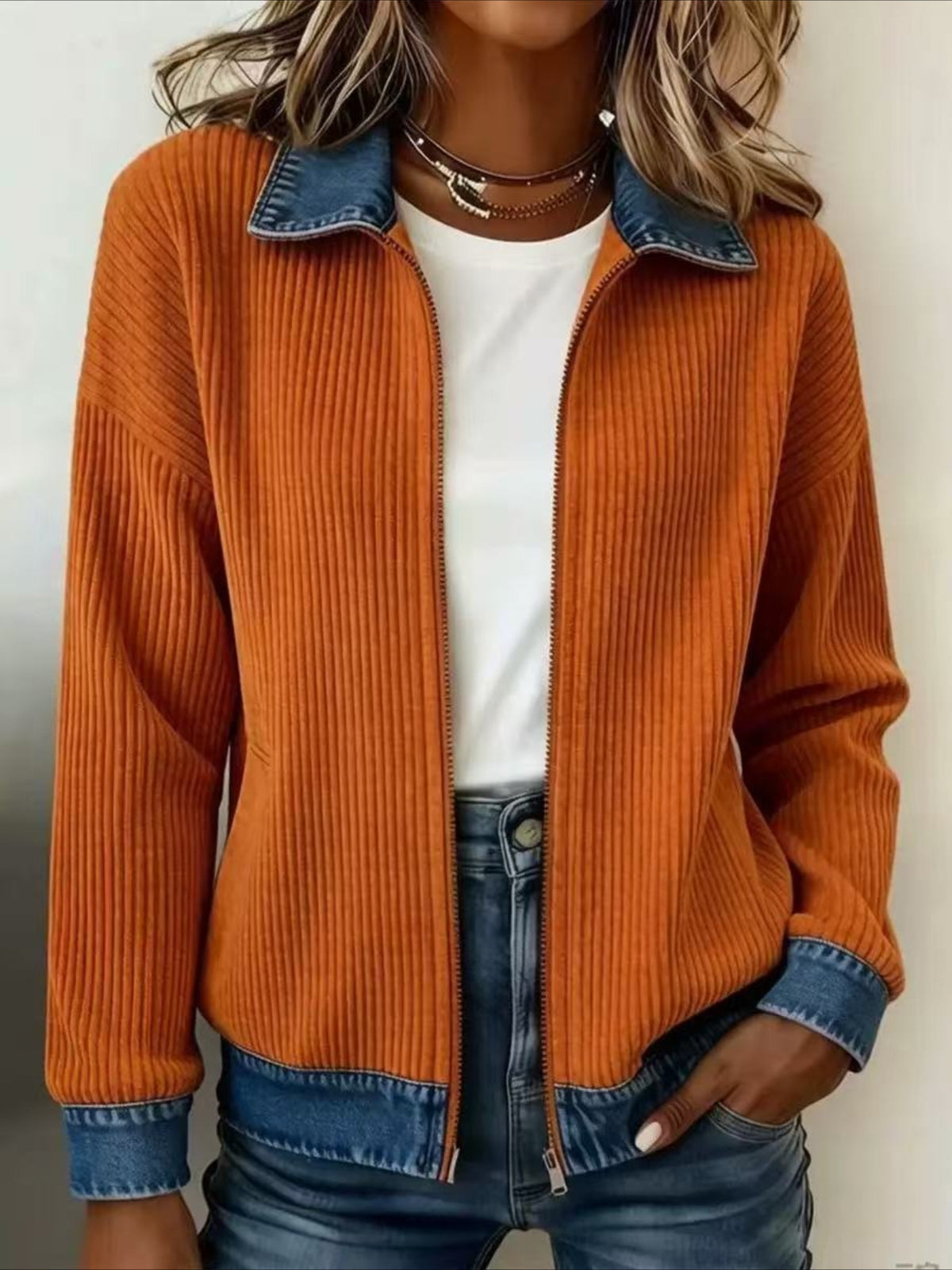 Zip-Up Corduroy Jacket with Denim-Look Trim