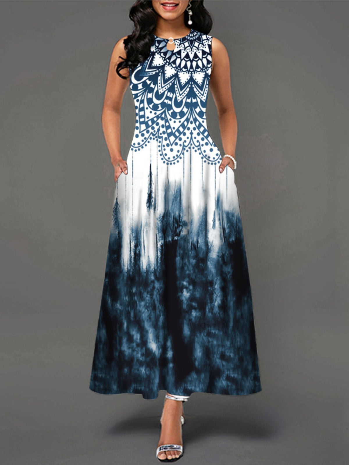 Casual Tank Dress, Colorblock Floral Print Cut Out Round Neck Medium Stretch Maxi Tank Dress