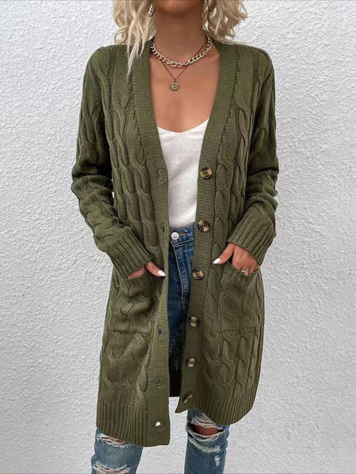 Elegant Long Nylon Soft Warm V-Neck Long Sleeves Sweater with Button Front