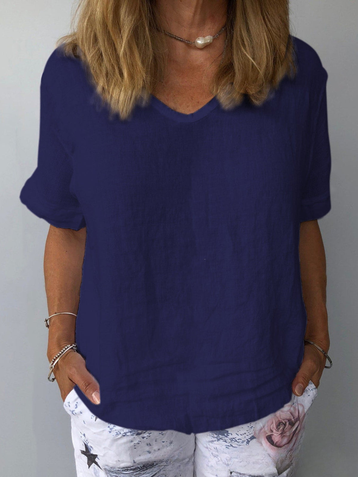 Women's V-Neck Blouse - Comfortable Short Sleeve Top for Casual Wear