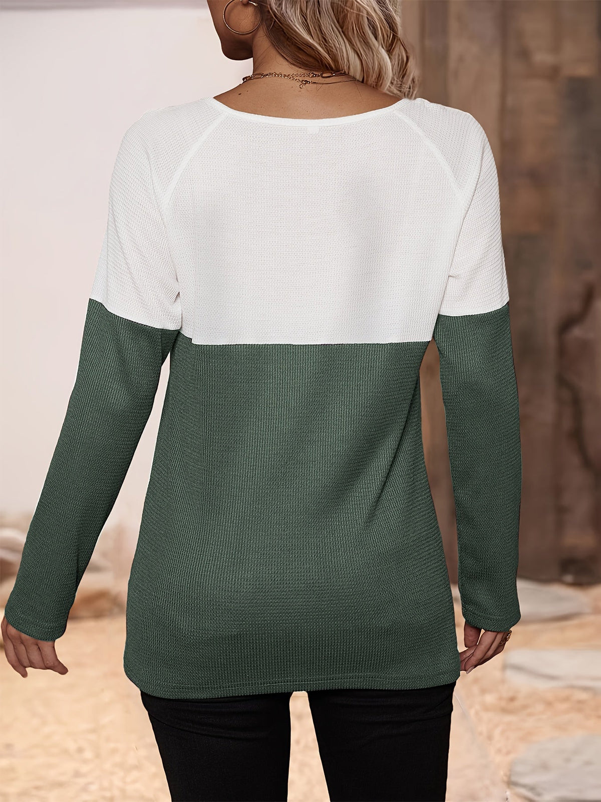 Women's Colorblock Button Decor Waffle Pattern Long Sleeve Round Neck Top