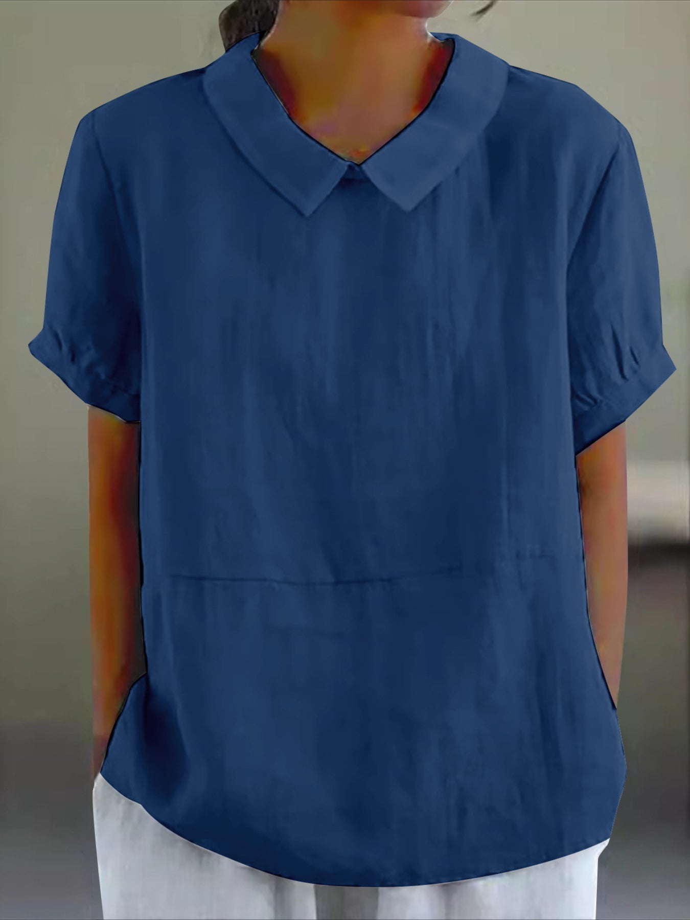 Solid Color Loose Lapel Short Sleeve Cotton Top