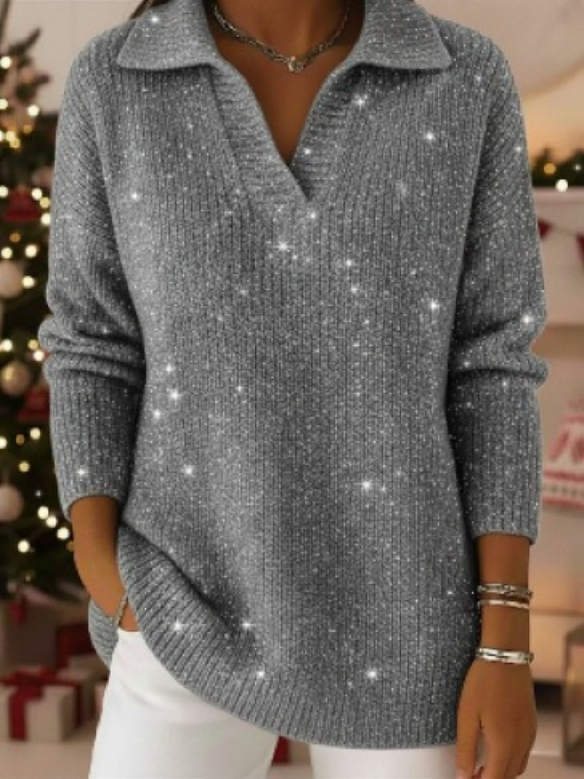 Gradient Color Party Polo Collar Shiny Loose Sweater Top