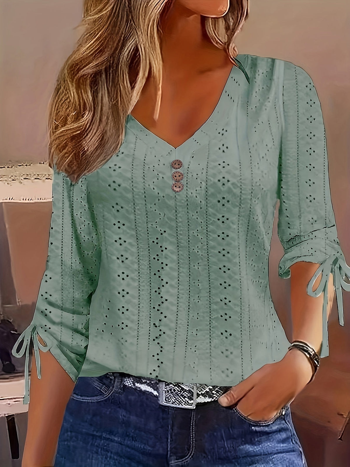 Basic Top, Women's Solid Eyelet Embroidery Ruched Tie Long Sleeve Button Decor V Neck Slight Stretch Top