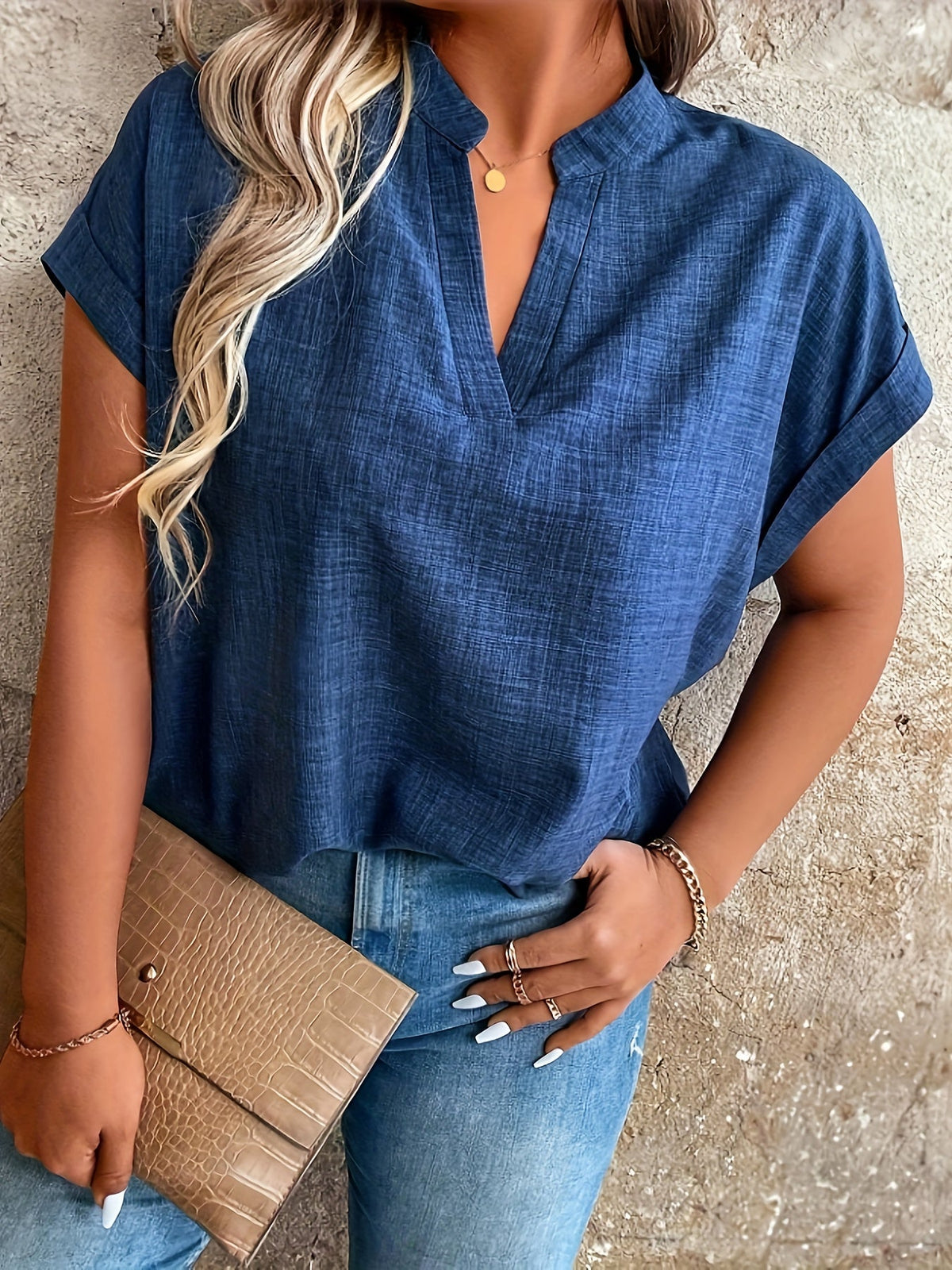 Elegant Dark Blue Notched V-Neck Blouse