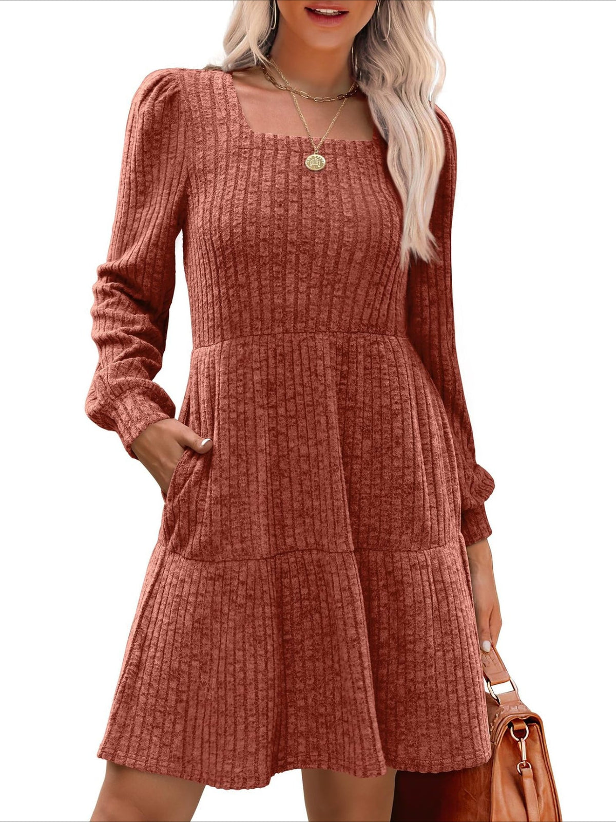 Square Neck Long Sleeve Dress with Pockets