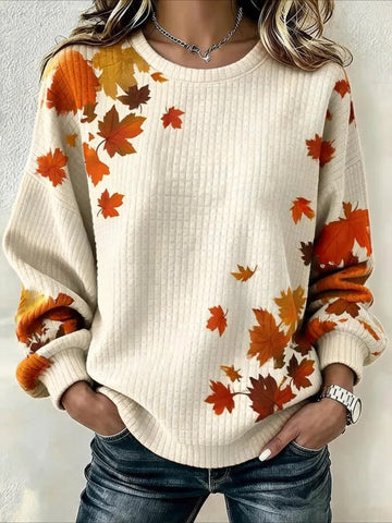 Casual Crew Neck Maple Leaf Sweatshirt