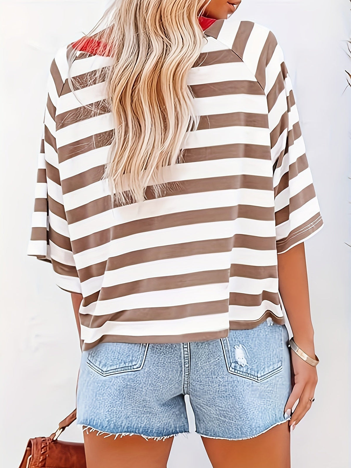 Striped Drop Shoulder Loose T-Shirt, Casual Short Sleeve T-Shirt