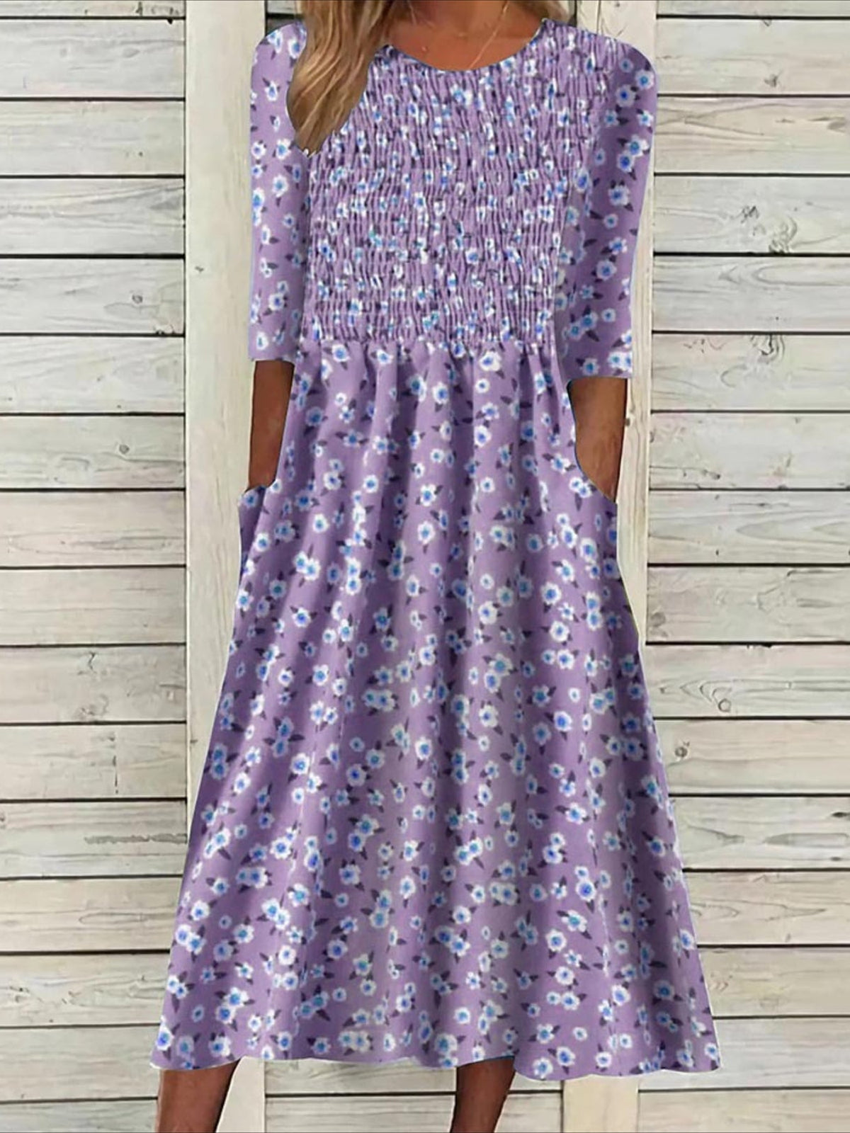 Floral Ditsy Ruched Pocket Crew Neck Daily Vacation Half Sleeve Midi Dress