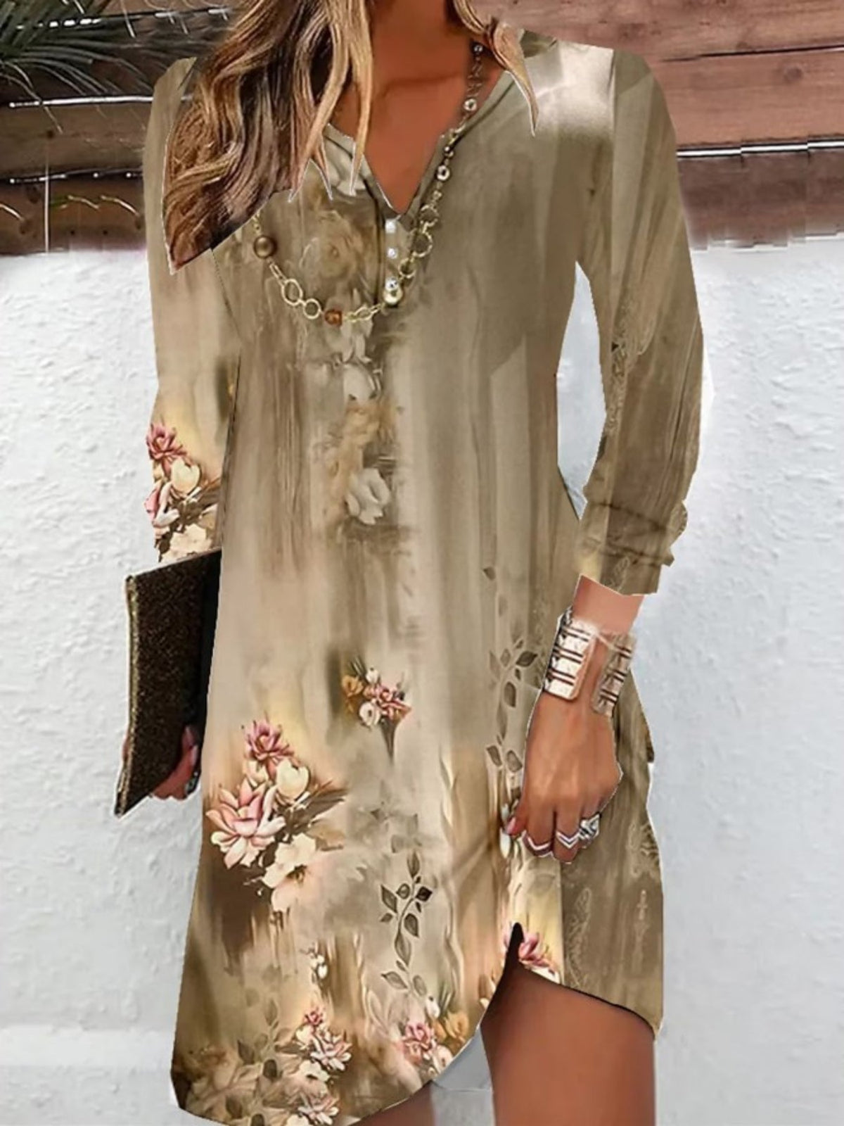 Floral Print Notched Neck Dress, Vintage Long Sleeve Mini Dress