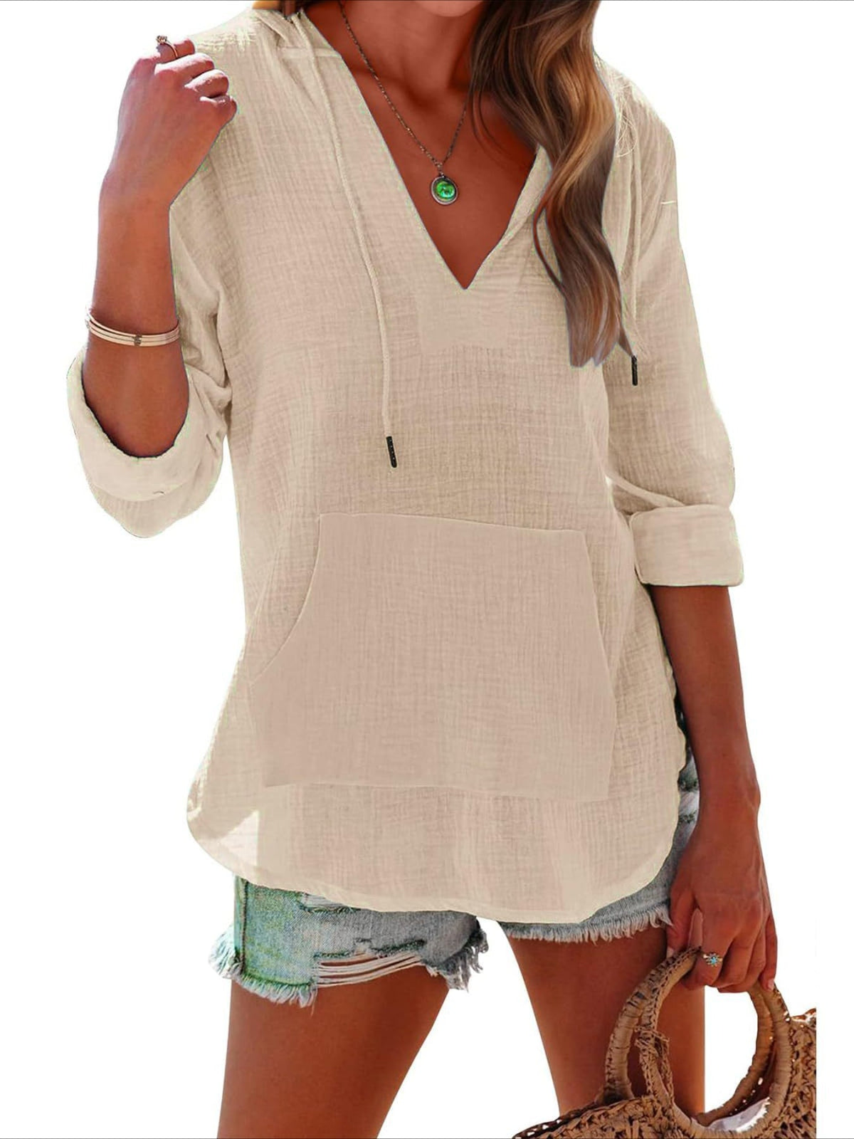 Long Sleeve V Neck Pocketed Hooded Sweatshirt