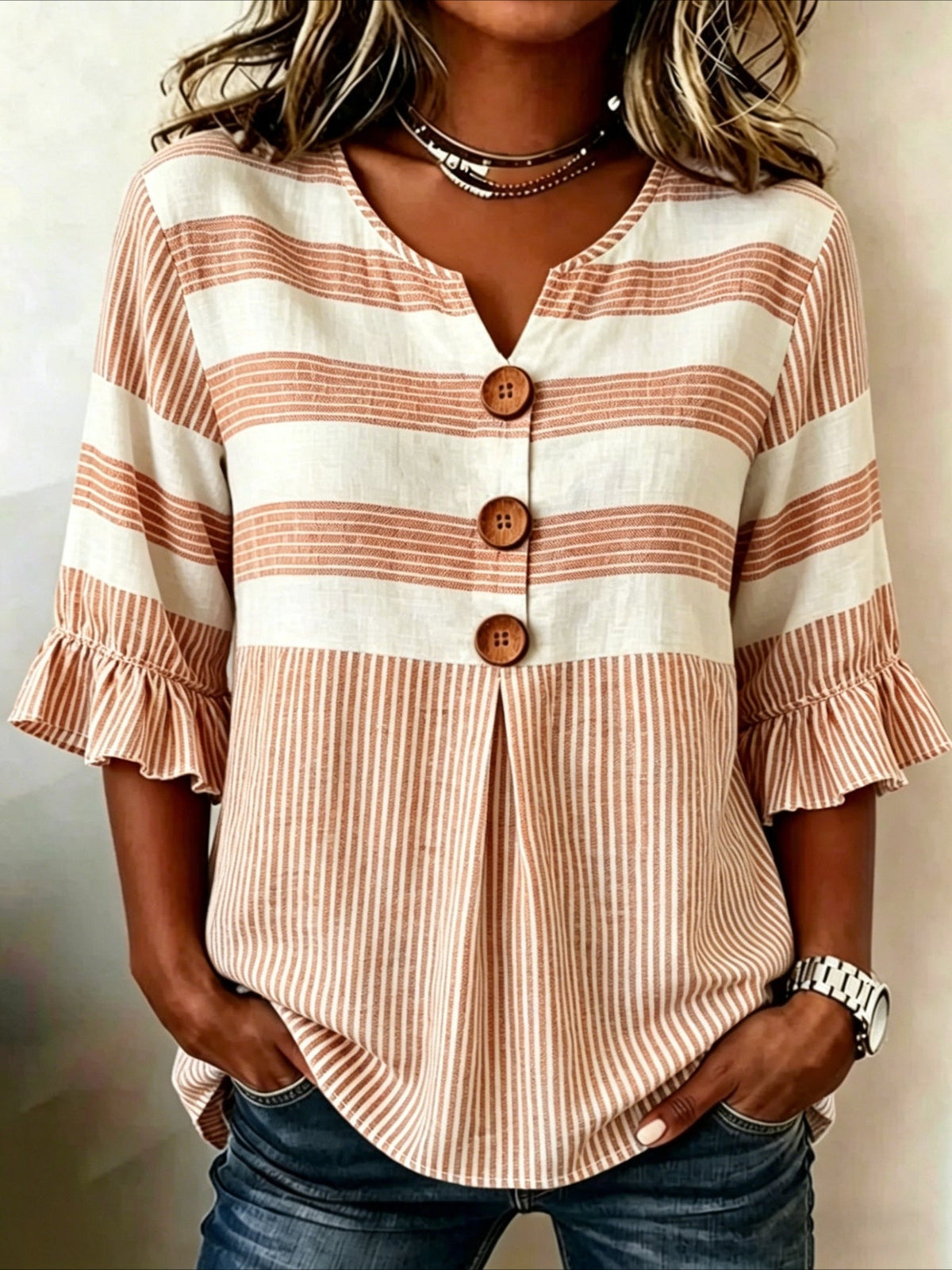 Striped Print V Neck Button Short Ruffle Sleeve Casual Top