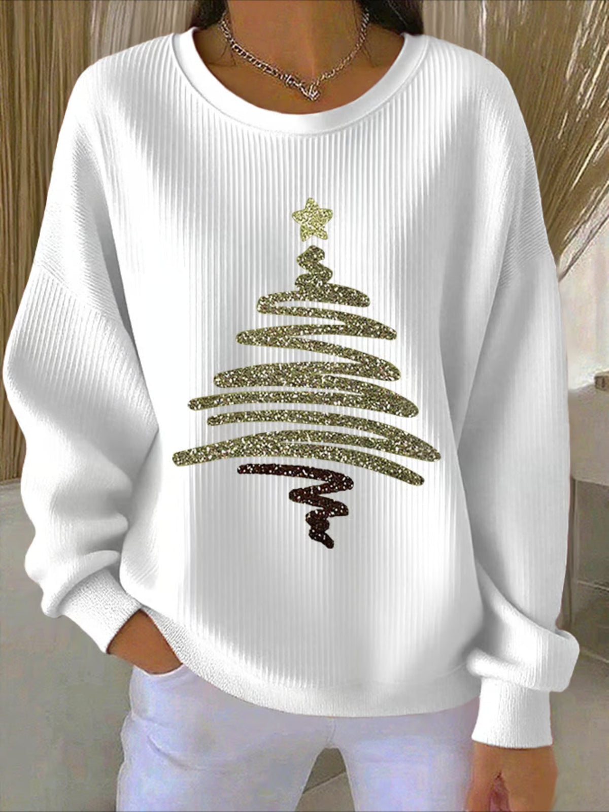 Christmas Printed Crew Neck Floral Long Sleeve Comfy Casual Sweater Hoodie