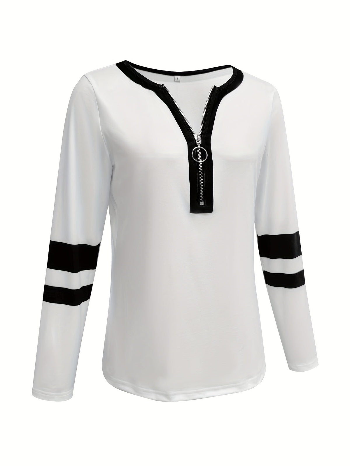 Stylish Color Block V-Neck Long Sleeve T-Shirt with Zipper Detail