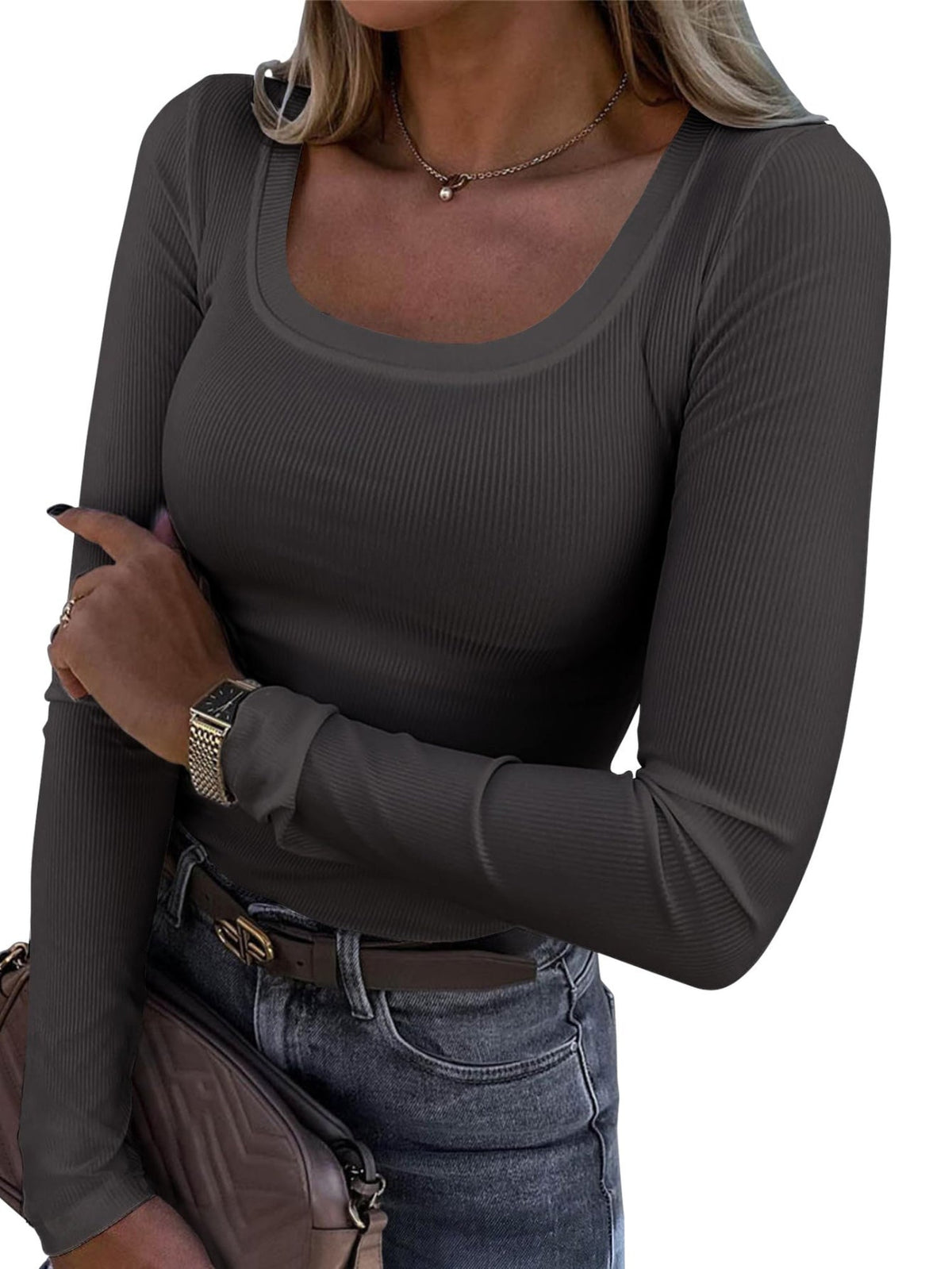 Casual Long Sleeve Square Neck T-shirt