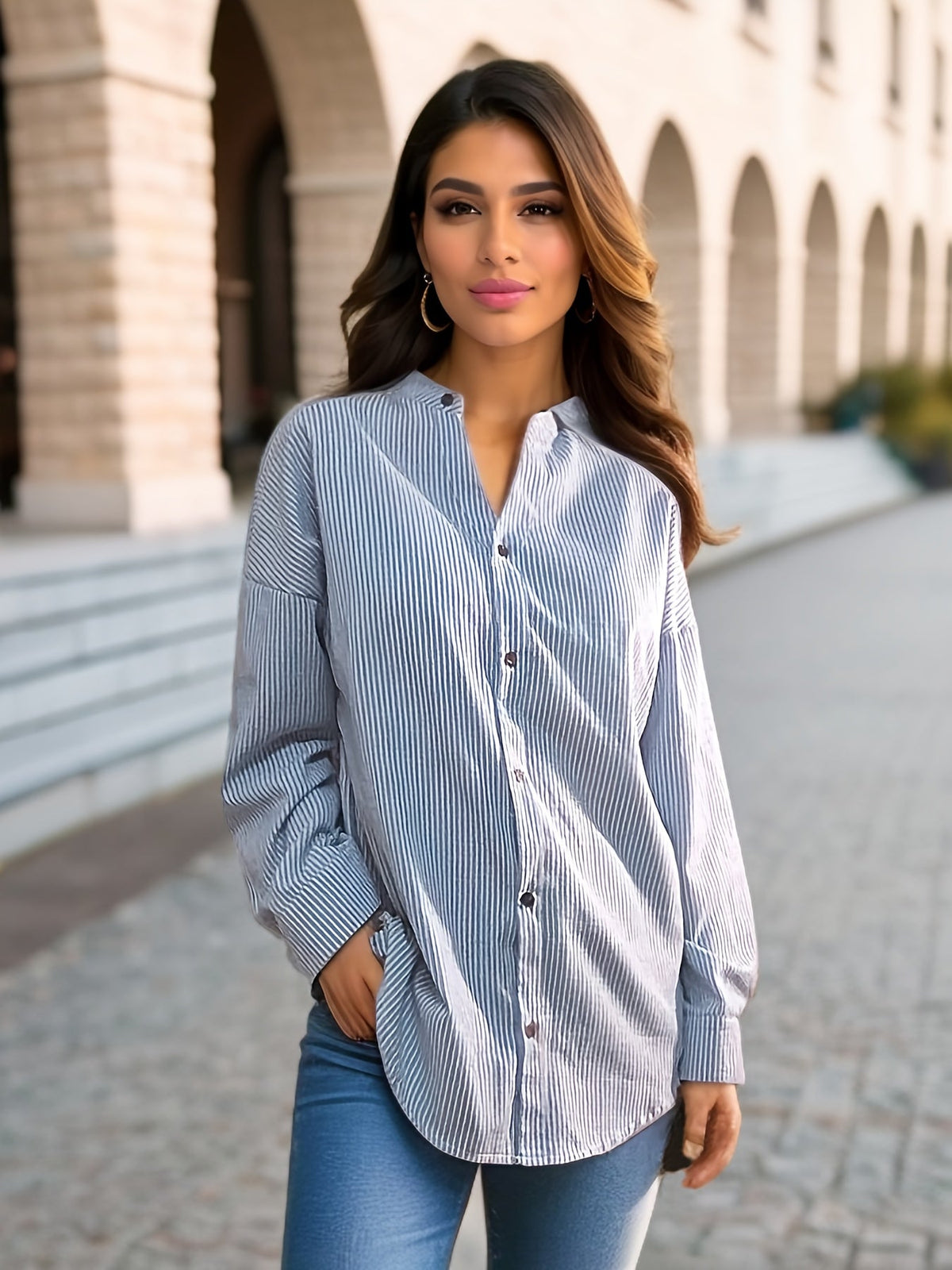 Women's Stripe Print Button Front Blouse - Casual Long Sleeve Top