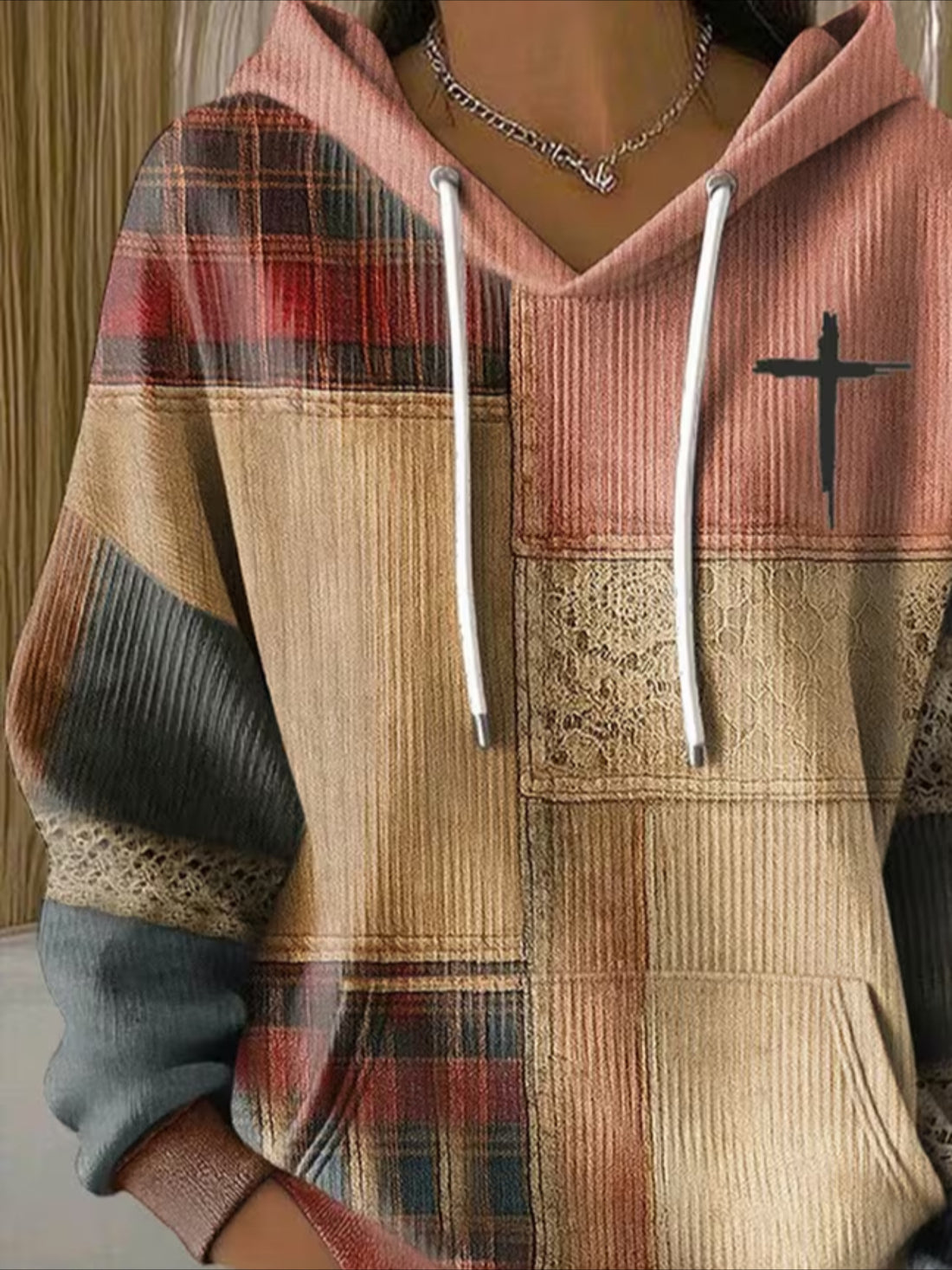 Contrast Stitching Printing Long Sleeve Pullover Hoodie Sweatshirt