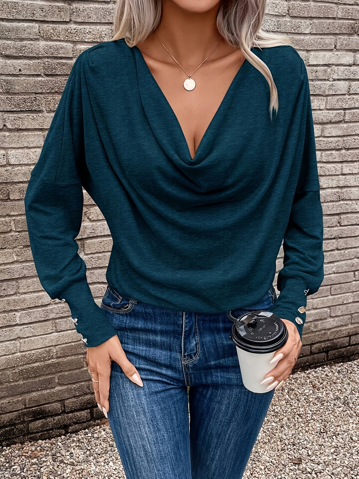 Solid Cowl Neck T-shirt, Casual Long Sleeve Top