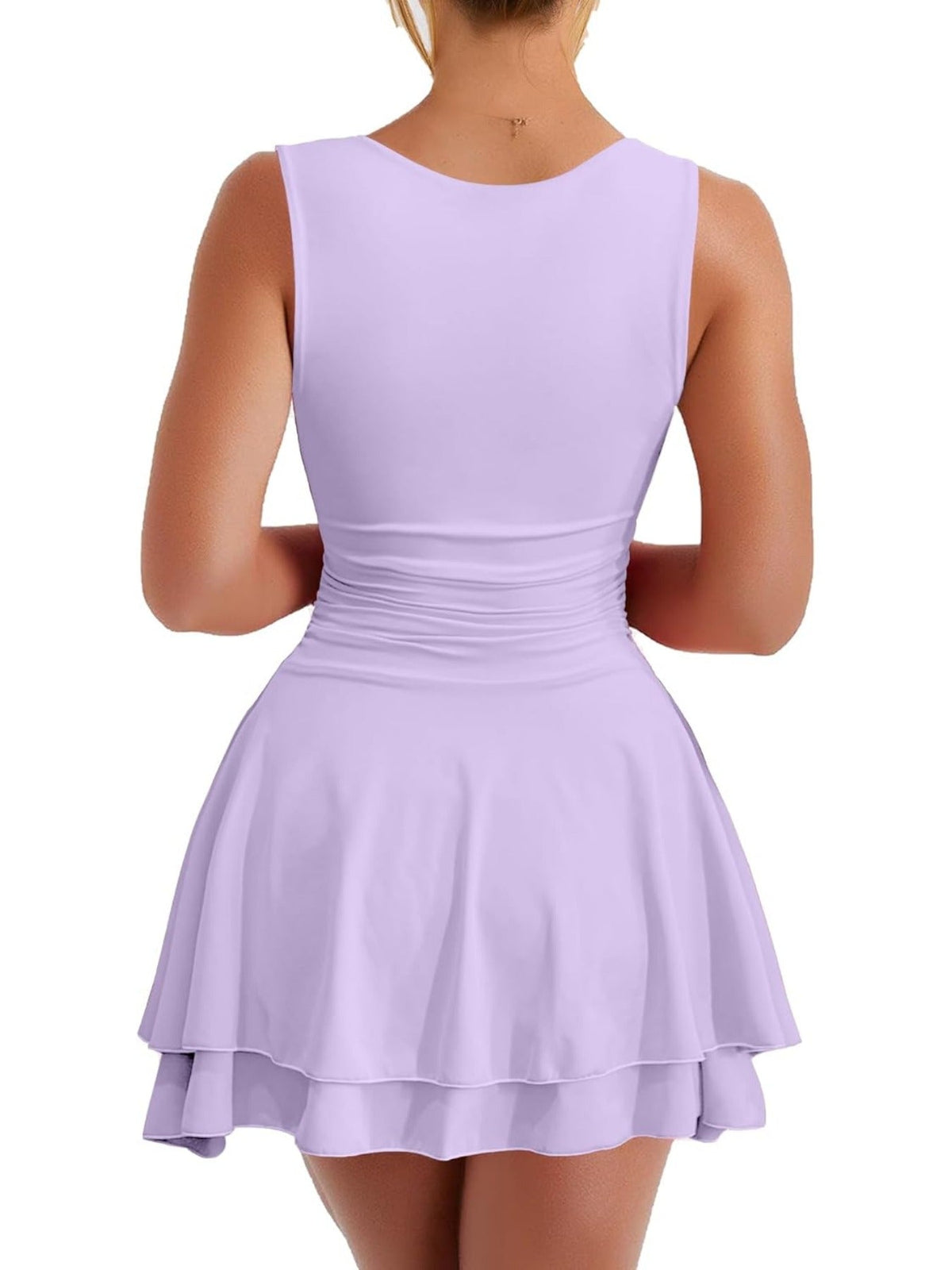 Solid Color Square Neck Ruffle Hem Ruched Waist Mini Dress
